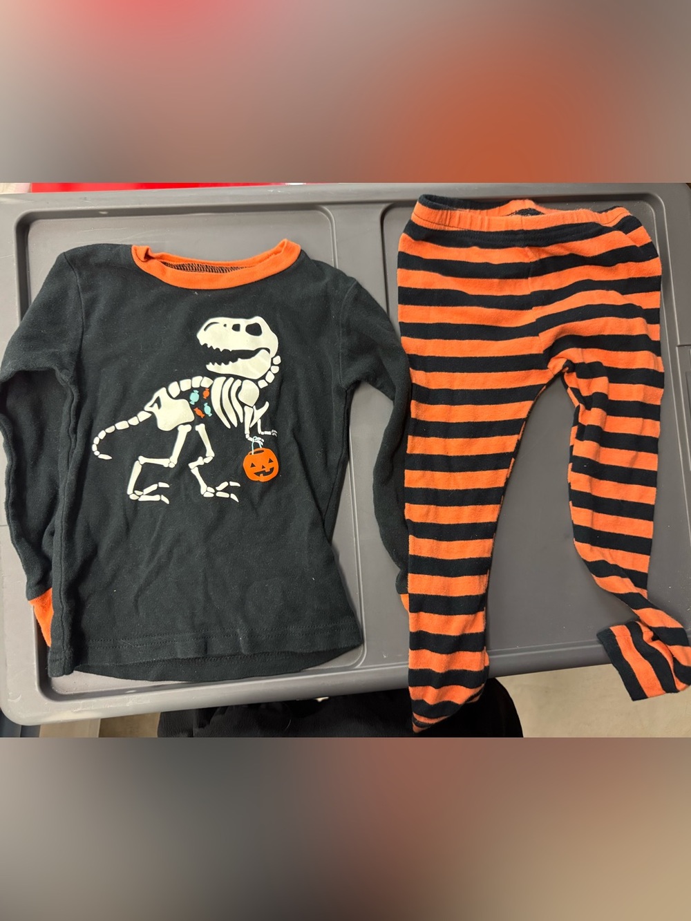 Carter's Black & Orange Halloween Dino Skeleton Pajama Set Glow in the Dark